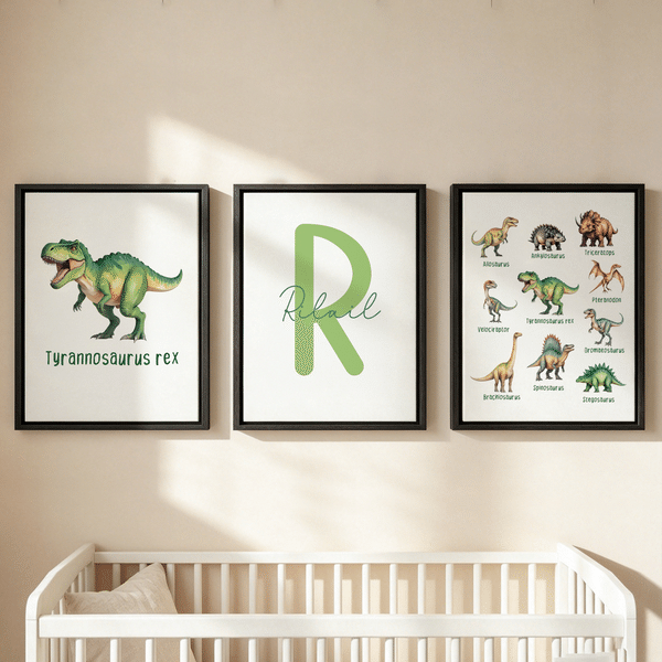 Personalised Dinosaur 3-Piece Split Canvas Prints with Name and Initial Bedroom Decor Ship from USA Birthday Gift for Children Dinosaur Lovers