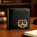 Personlig Scales of Justice Balance PU lær lommebok for mann med navn Bursdag farsdagsgave til far mann advokat