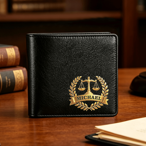Personlig Scales of Justice Balance PU lær lommebok for mann med navn Bursdag farsdagsgave til far mann advokat