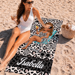 Personalised Multicolour Cartoon Character Leopard Print Quick Dry Beach Towel with Name Beach Party Travel Birthday Gift for Woman Girl