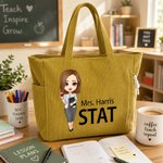 Personalized Cartoon Teacher Large Corduroy Tote Bag with Text and Subject Teacher's Day Birthday Gift for Teacher