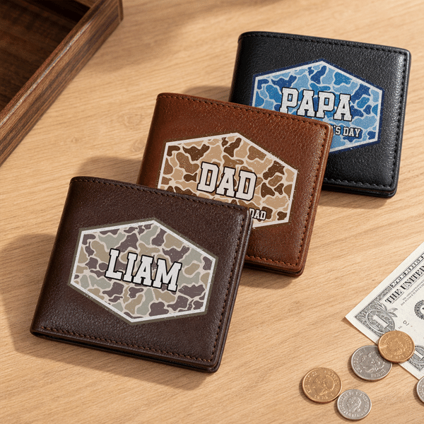 Personalized Retro Camouflage PU Leather Wallet with Name and Text Daily Use Father's Day Birthday Anniversary Gift for Man Father