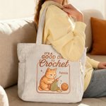 Personalised Cute Cat Knit Large Capacity Corduroy Tote Bag with Name Daily Use Commuting Travel Birthday Gift for Women Knitting Lovers
