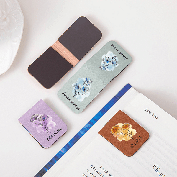 Personalized Birth Flower Magnetic PU Leather Bookmark with Name Daily Use Library Bookish Birthday Gift for Girl Book Lover