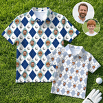 Personalized Diamond Grid Golf Theme Face Photo Polo Shirt Golf Club Birthday Father's Day Gift for Golf Players Fathers Kids