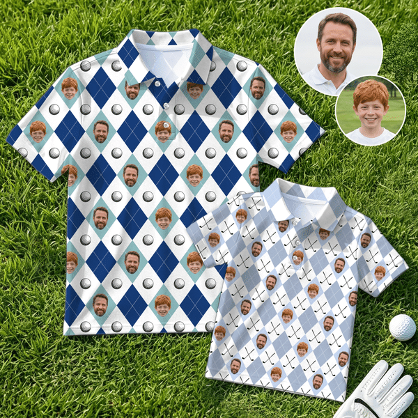 Personalized Diamond Grid Golf Theme Face Photo Polo Shirt Golf Club Birthday Father's Day Gift for Golf Players Fathers Kids