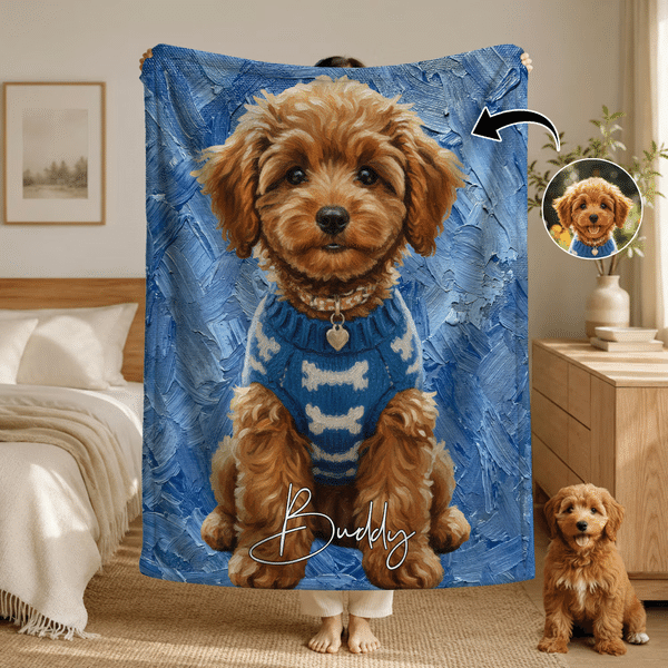 Personalized Oil Painting Style Pet Photo Soft Throw Blanket with Name Home Decor Birthday Pet Memorial Gift for Pet Lovers