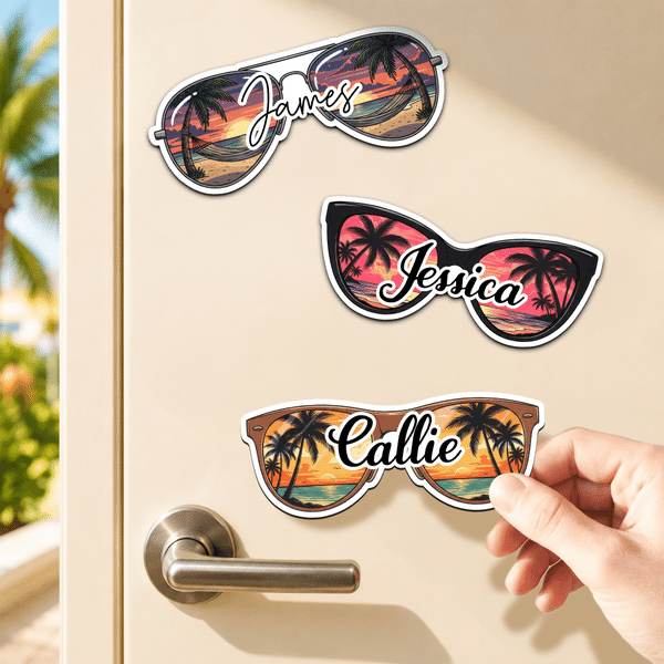 Personalized Beach Sunset Sunglasses Cruise Door Magnet with Name Cruise Cabin Decor Summer Travel Beach Party Birthday Gift for Family Friends