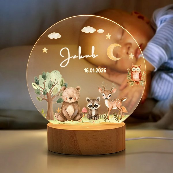 Personalizowana lampka nocna LED z leśnymi zwierzątkami gwiazdką i księżycem z imieniem dziecka idealna na prezent na baby shower i urodziny