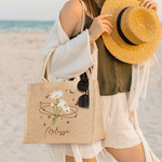 Personalised Star Moon Birth Flower Large Jute Tote Bag with Name Birthday Anniversary Gift for Bridesmaid Woman