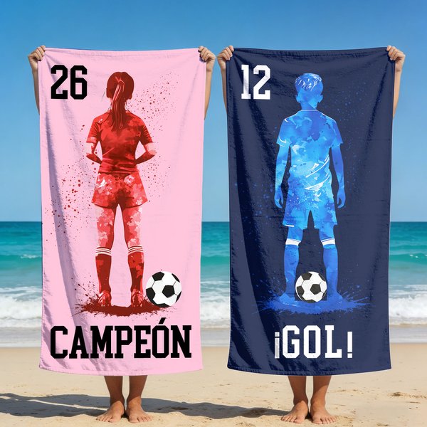 Toalla de playa personalizada de secado rápido con silueta de futbolista nombre y número regalo de vacaciones de verano para amantes del fútbol