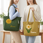 Henkilökohtainen neulottu-Look syntymä kukka suuri kapasiteetti Corduroy Kangaskassi nimi päivittäiseen käyttöön syntymäpäivä Travel lahja Besties naisille naiset
