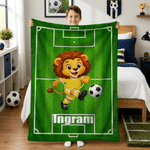Personalised Soccer Field Cartoon Animals Green Soft Throw Blanket with Name Home Decor Sport Birthday Gift for Soccer Lover Player Kid