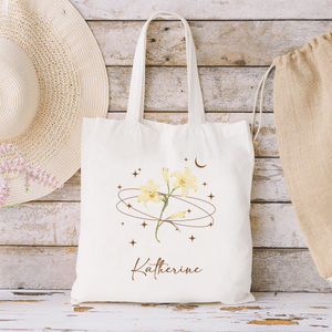 Personalised Star Moon Birth Flower Canvas Tote Bag with Name Daily Commute Birthday Anniversary Holiday Gift for Women Students