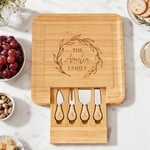 Personalized Engraved Name Wreath Initial Bamboo Cutting Board with Drawer Housewarming Wedding Anniversary Gift for Couple Family