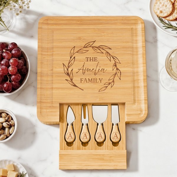 Personalized Engraved Name Wreath Initial Bamboo Cutting Board with Drawer Housewarming Wedding Anniversary Gift for Couple Family