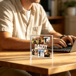 Gepersonaliseerde 6 Foto's Transparante Vierkante Acrylplaat met Tekst Verjaardag Vaderdag Cadeau voor Vader Opa