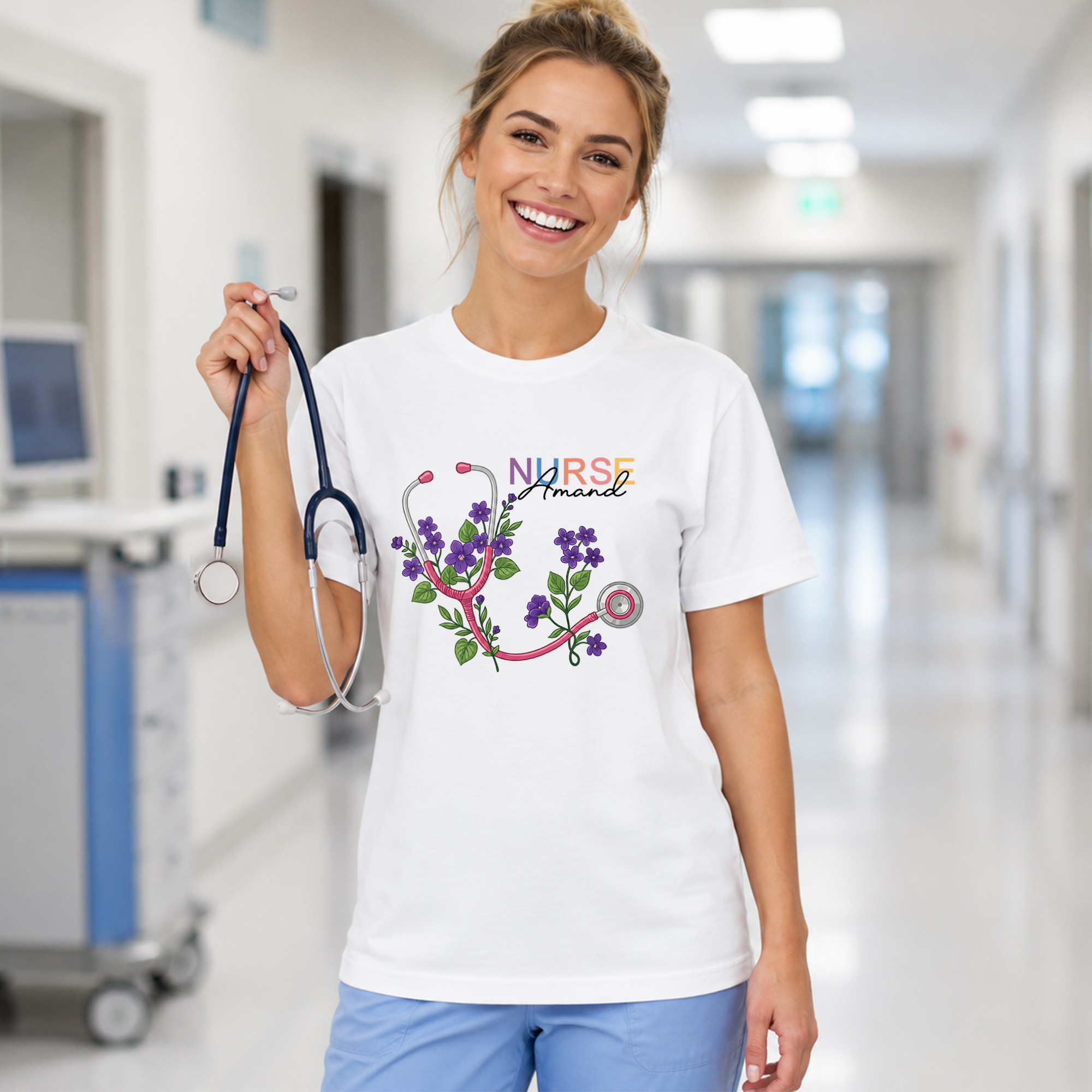 Personalisierte Stethoskop Geburt Blume Erwachsene T-Shirt Sweatshirt Hoodie mit Namen und Titel Krankenschwester Tag Geburtstag Geschenk für Krankenschwester Arzt