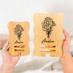 Personalised Line Birth Flower Wooden Phone Holder with Name Office Daily Use Birthday Gift for Friend Office Worker