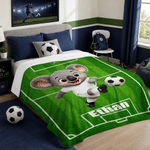 Personalised Soccer Field Cartoon Animals Green Soft Throw Blanket with Name Home Decor Sport Birthday Gift for Soccer Lover Player Kid