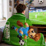 Personalised Soccer Field Cartoon Animals Green Soft Throw Blanket with Name Home Decor Sport Birthday Gift for Soccer Lover Player Kid