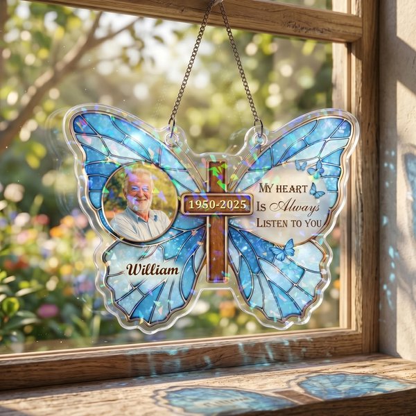 Gepersonaliseerde Multicolor Acryl Vlinder Kruis Foto Gedenkplaat Suncatcher met Naam en Jaar Home Serre Opknoping Decor Sympathie Gift voor familie