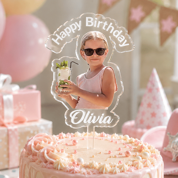 Personalised Happy Birthday Photo Acrylic Cake Topper with Name Birthday Party Gift for Friend Family