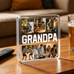Gepersonaliseerde 6 Foto's Transparante Vierkante Acrylplaat met Tekst Verjaardag Vaderdag Cadeau voor Vader Opa