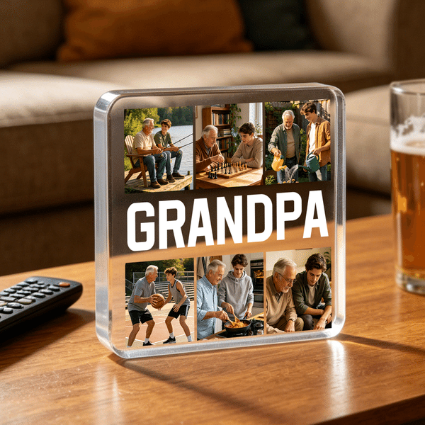 Gepersonaliseerde 6 Foto's Transparante Vierkante Acrylplaat met Tekst Verjaardag Vaderdag Cadeau voor Vader Opa