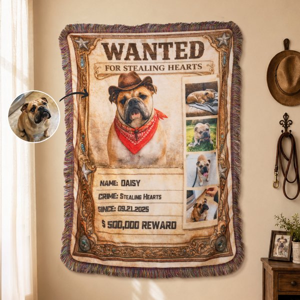 Personalized Arrest Warrant Denim Style Pet Photo Soft Tassel Blanket with Name and Year Daily Use Birthday Gift for Pet Lovers