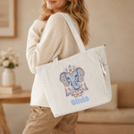 Personalized Folk Art Embroidery Effect Animal Large Capacity Corduroy Tote Bag with Name Daily Use Travel Birthday Gift for Women Girls