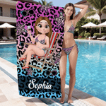 Personalised Multicolour Cartoon Character Leopard Print Quick Dry Beach Towel with Name Beach Party Travel Birthday Gift for Woman Girl