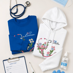 Personalized Stethoscope Birth Flower Adult T-shirt Sweatshirt Hoodie with Name and Title Nurses' Day Birthday Gift for Nurse Doctor