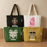 Personalized Folk Art Embroidery Effect Animal Large Capacity Corduroy Tote Bag with Name Daily Use Travel Birthday Gift for Women Girls