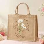 Personalised Star Moon Birth Flower Large Jute Tote Bag with Name Birthday Anniversary Gift for Bridesmaid Woman