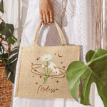 Personalised Star Moon Birth Flower Large Jute Tote Bag with Name Birthday Anniversary Gift for Bridesmaid Woman