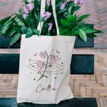 Personalized Star Moon Birth Flower Canvas Tote Bag with Name Daily Commute Birthday Anniversary Holiday Gift for Women Students