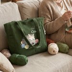 Personalised Cute Cat Knit Large Capacity Corduroy Tote Bag with Name Daily Use Commuting Travel Birthday Gift for Women Knitting Lovers