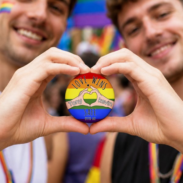 Personalized Rainbow Retro LGBTQ Banner Love Wins Name Pin Button Badge with Text Daily Use Pride Parade  Anniversary Gift for Couple Family