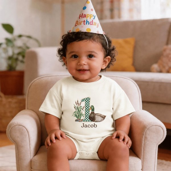 Personalized One Lucky Duck 1st Birthday Baby Bodysuit with Name First Birthday Mallard Duck Outfit Cute Baby Shower Gift for Newborns