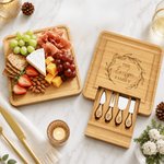Personalized Engraved Name Wreath Initial Bamboo Cutting Board with Drawer Housewarming Wedding Anniversary Gift for Couple Family