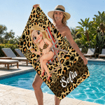 Personalised Multicolour Cartoon Character Leopard Print Quick Dry Beach Towel with Name Beach Party Travel Birthday Gift for Woman Girl