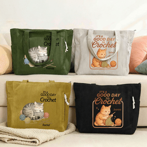 Personalised Cute Cat Knit Large Capacity Corduroy Tote Bag with Name Daily Use Commuting Travel Birthday Gift for Women Knitting Lovers
