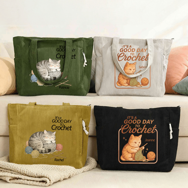 Personalised Cute Cat Knit Large Capacity Corduroy Tote Bag with Name Daily Use Commuting Travel Birthday Gift for Women Knitting Lovers