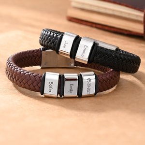 Personalized Men's Braided PU Leather Bracelet with 1-8 Engraved Name Beads Family Name Father's Day Birthday Gift for Dad Grandpa