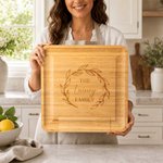 Personalized Engraved Name Wreath Initial Bamboo Cutting Board with Drawer Housewarming Wedding Anniversary Gift for Couple Family