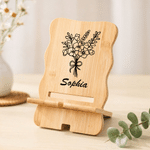 Personalised Line Birth Flower Wooden Phone Holder with Name Office Daily Use Birthday Gift for Friend Office Worker
