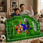 Personalised Soccer Field Cartoon Animals Green Soft Throw Blanket with Name Home Decor Sport Birthday Gift for Soccer Lover Player Kid