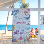 Personalised Mermaids Marine Animals Quick Dry Oversized Beach Towel with Name Travel Essentials Beach Party Gift for Kids