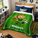 Personalised Soccer Field Cartoon Animals Green Soft Throw Blanket with Name Home Decor Sport Birthday Gift for Soccer Lover Player Kid